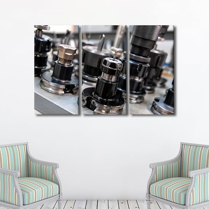 Machine Drill Bits Pictures for Bedroom Wall Decor Machine Shop Prints Wall Art Artwork for Home Walls 3 Piece Wall Art Framed Art Wall Decor Canvas Wall Art Ready to Hang, 60x40 Inch