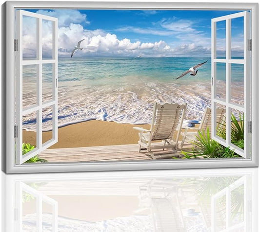 Large Beach Pictures Wall Art Canvas Print Artwork Blue Ocean Seascape Window frame Decor Living Room Bedroom Office 24 x36