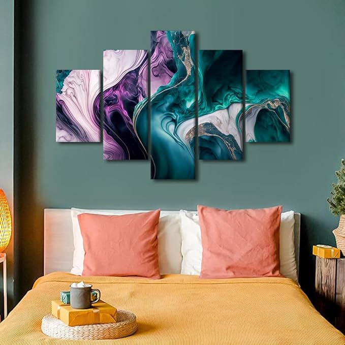 Abstract Marble Canvas Wall Art Decor 5 Panel Living Room Canvas Art Modern Abstract Waves Canvas Poster Artwork Prints for Men Lady Home Wall Decor Stretched and Framed Ready to Hang 60x40 in
