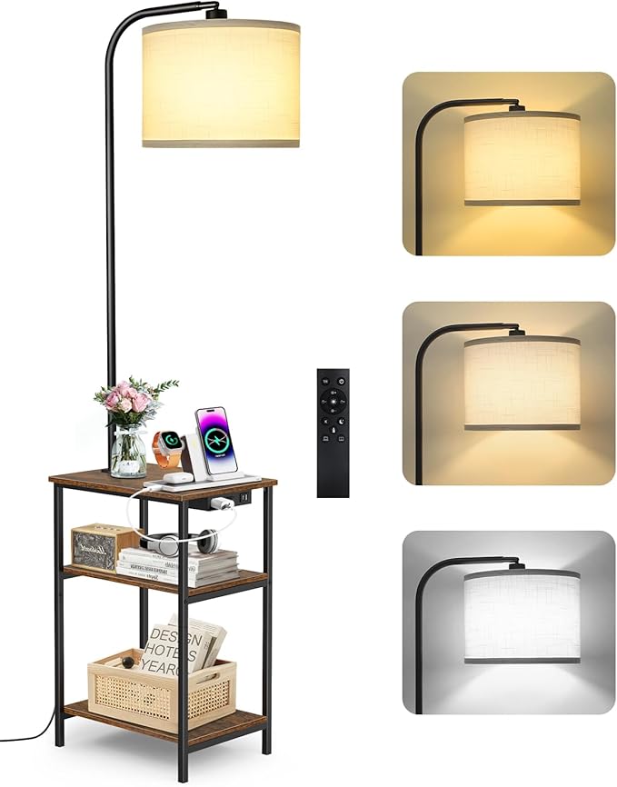 Floor Lamp with Table & Remote, Side End Table with Charging Station, Dimmable Nightstand with 3 Color Temperatures, 1-Hour Timer, 12W LED Bulb, for Living Room, Bedroom
