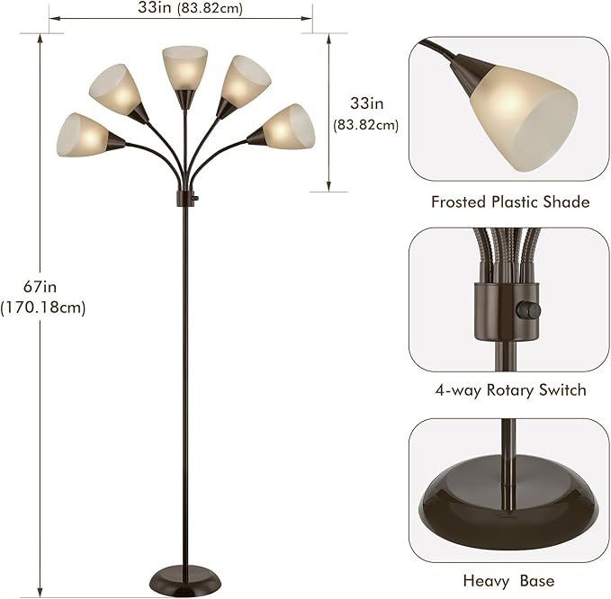 Medusa Modern Decor Floor Lamp, Multi Head Adjustable Gooseneck Bright Light for Reading, White Shades Tall Standing Tree Floor Lamp for Living Room Bedroom Office Kids Classroom, Brown