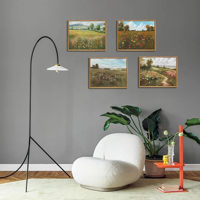 OIQArtOIQ Vintage Landscape Framed Wall Art Summer Countryside Wildflower Canvas Art Prints Farmhouse Cottagecore Pictures Wall Decor Rustic Meadow Paintings Artwork For Kitchen Bedroom Living Room