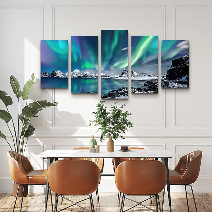 Large Wall Decor For Living Room Canvas Wall Art For Bedroom Blue Aurora Scenery Paintings Modern Canvas Art Prints Ready To Hang Office Pictures For Home Wall Decorations Artwork 5 Piece Set