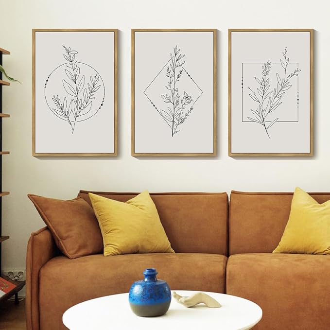 Drsoum Minimalist Flower Wall Art Vintage Wall Hanging Decor Bohemain Botanical Prints Artwork for Bedroom Living Room Hallway 24x36in Natural Framed