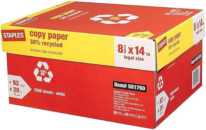 Staples 30% Recycled 8.5-Inch x 14-Inch Copy Paper 20 lb 92 Bright 500/Ream 10 Ream/Count