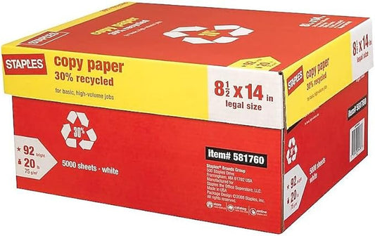 Staples 30% Recycled 8.5-Inch x 14-Inch Copy Paper 20 lb 92 Bright 500/Ream 10 Ream/Count