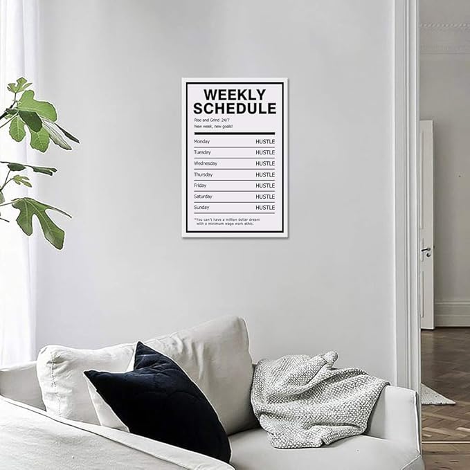 Hustle Weekly Schedule Inspirational Canvas Wall Art Motivational Painting Rise Grind Pictures Success Inspiring Entrepreneur Quote Posters Prints Artwork Decor for Home Office Framed (12”Wx16”H)
