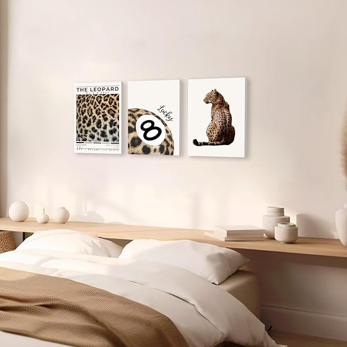 Trendy Leopard Wall Art Set of 3 Preppy Cheetah Wall Art,Funky Lucky 8 Ball Posters Prints Preppy Room Decor Aesthetic Cheetah Print Wall Decor for Girls Bedroom Apartment Dorm,Framed,12x16inch