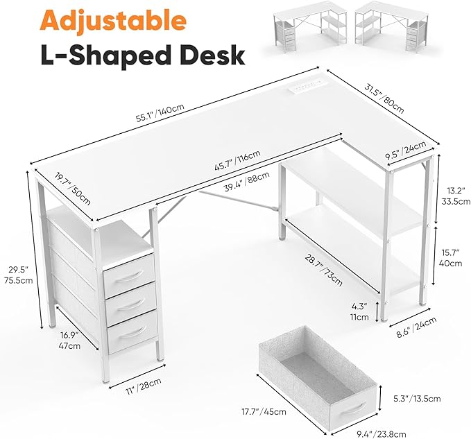 Simple Deluxe L Shaped Gaming Desk with Power Outlets, 55 Inch Computer Desk with 3 Drawers, Shelves, Corner Computer Desk for Gaming, Corner Work, Home Office, Study, White