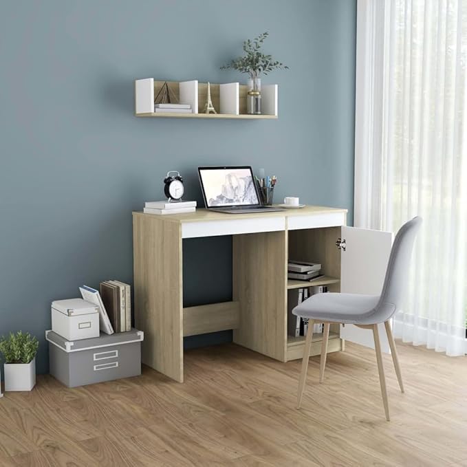 Modern Writing Computer Desk, Home Office Desk Writing Study Table PC Desk Workstation for Bedroom, White and Sonoma Oak 39.4"x19.7"x29.9" Engineered Wood(J)