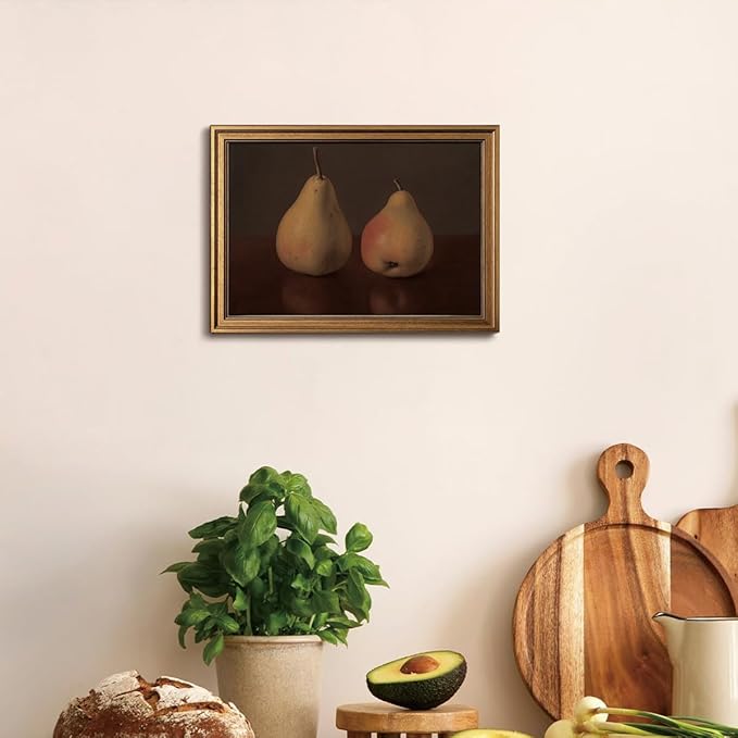 Gold Framed Wall Art Vintage Canvas Wall Art Pear Fruits Shelf Decor for Kitchen Artwork Prints Picture for Living Room Bedroom Farmhouse Bathroom Office Decor, 16x24