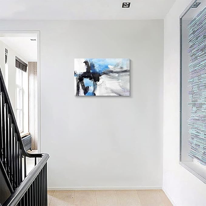 Large Abstract Canvas Wall Art Modern Aquarelle Art Paintings Black and Blue Fantasy Colorful Graffiti on White Background Minimalist Artwork Decor for Living Room Bedroom Corridor Framed 24x16in