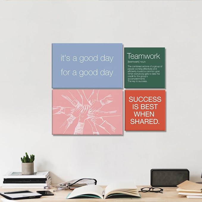 YEOION Inspirational Office Wall Art for Women,Motivational Teamwork Wall Decor for Office,Orange and Green Postive Quote Workplace Canvas Wall Art for Set of 6