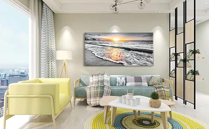 Bamdeya Large Size Wall Art Bedroom Black white Beach Wall Art Sunset Ocean Picture Painting Sea Decor Poster Office Artwork Living Room Decor Kitchen Prints Art Framed Canvas Decorations 24x48