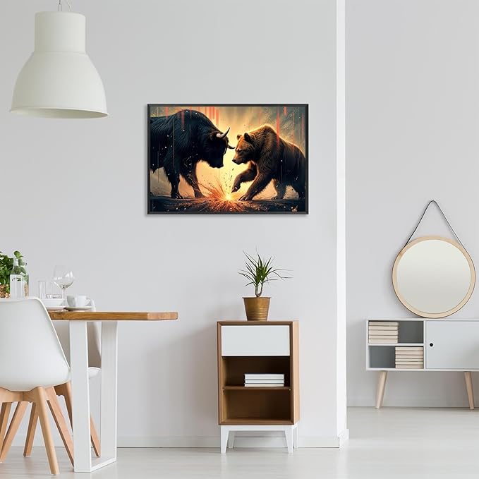 Trendy Bull And Bear Confrontation Wall Art Funny Bull And Bear Stock Market Canvas Posters Funny Animal Prints Painting For Office Living Room Wall Decor 16x24in Framed