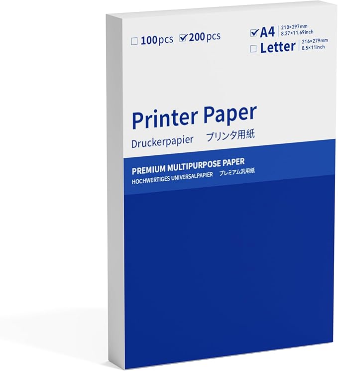 A4 Copy Printer Paper White，ItriAce Regular Printer Paper Compatible with Phomemo P831, HPRT MT800/Brother/HP/Canon Printer, 200 Sheets A4 Paper,Size 8.27" x 11.69".