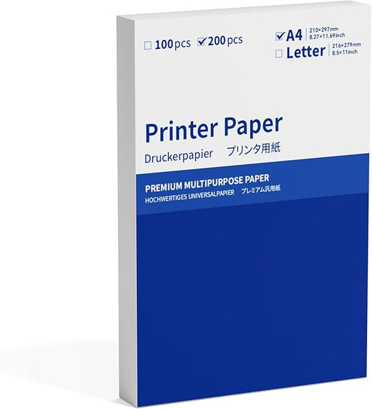 A4 Copy Printer Paper White，ItriAce Regular Printer Paper Compatible with Phomemo P831, HPRT MT800/Brother/HP/Canon Printer, 200 Sheets A4 Paper,Size 8.27" x 11.69".