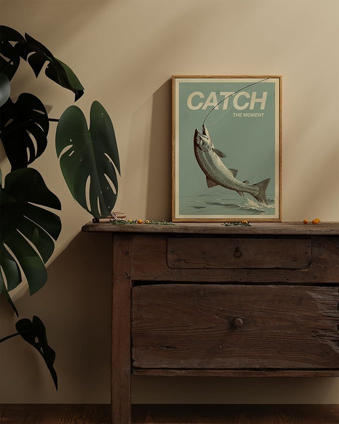 ARPEOTCY Vintage Framed Canvas Wall Art, Vintage Wall Art for Living Room, Catch The Moment Fish Animal Bathroom Picture Decor, Birthday Fathers Day Christmas Fishing Gifts for Men (12x16 Inch)
