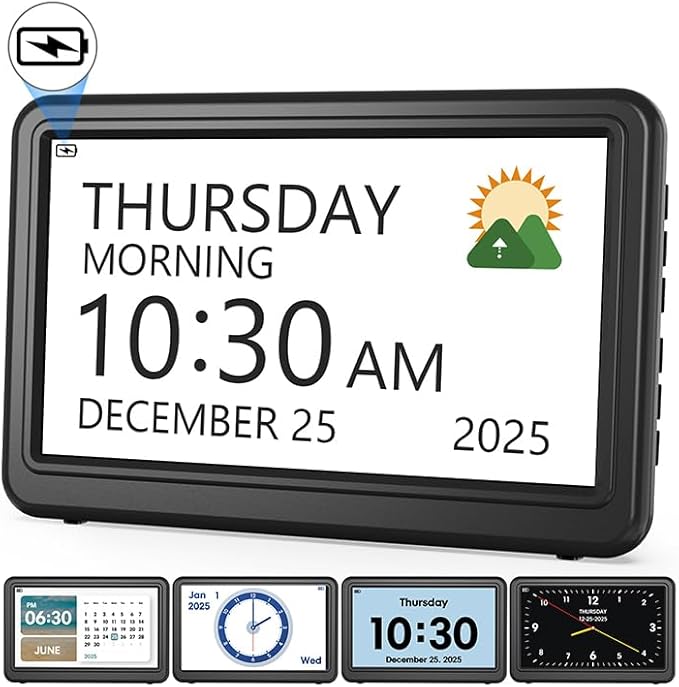 Clock with Day and Date for Elderly Battery Operated, Digital Calendar Clock with 12 Display Modes, 20 Alarms and Medicine Reminders, Dementia Clocks for Seniors, Black (With Rechargeable Battery)