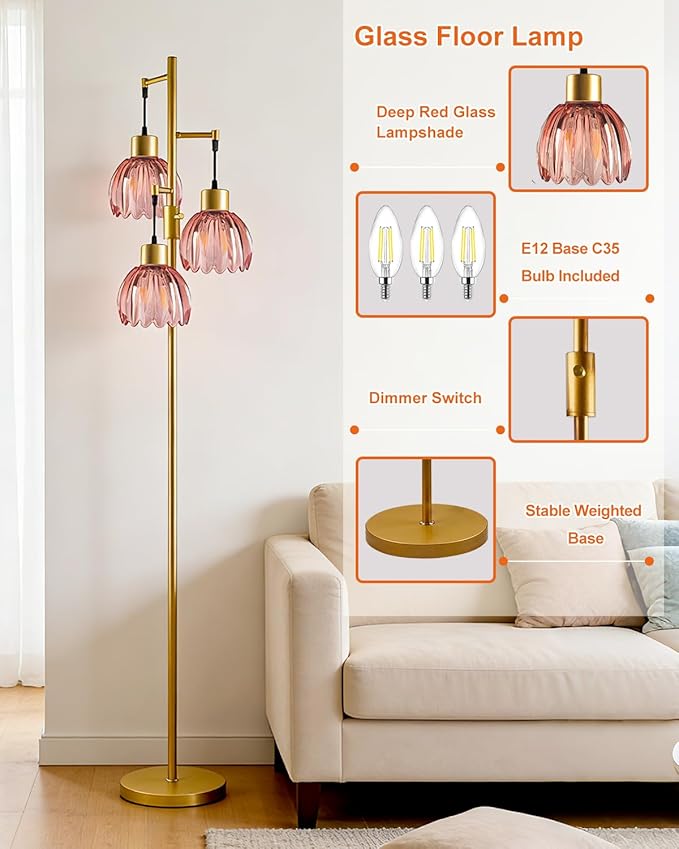Lightdot 65'' Glass Floor Lamp Dimmable Gold with Deep Red Lotus Glass Shade & 3000K Bulbs Included 3-Lights Modern Tall Standing Lamp for Living Room/Bedroom/Sofa Beside/Corner Decor