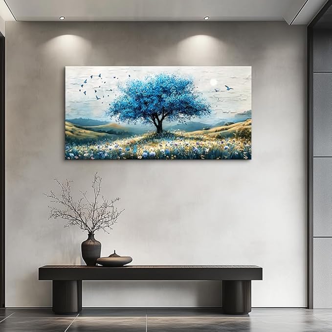 ZUITINGHUA Large Wall Decor For Living Room Canvas Wall Art For Office Modern Wall Decorations For Bedroom The Blue Tree Landscape Painting Farmhouse Pictures Artwork Room Home Decor 24x48 In