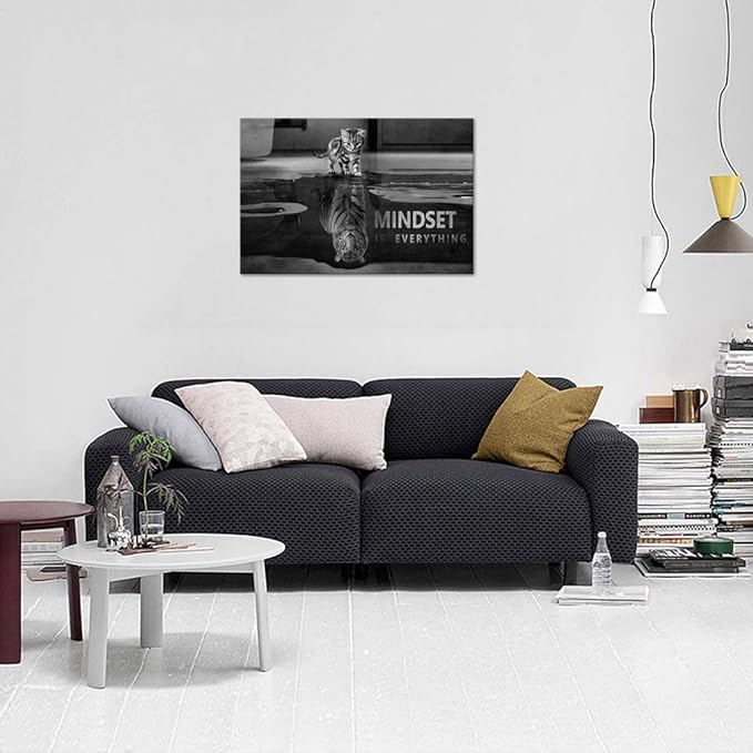 Black and White Small Cat Big Tiger Posters Inspirational Wall Art Motivational Posters Inspiring Entrepreneur Quotes Mindset is everything Pictures Home Decor for Office Classroom Gym (24”Hx36”W)