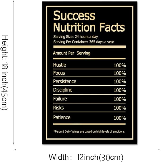Modern Inspirational Picture Wall Art Black Success Nutrition Facts Motivational Quote Painting Prints on Canvas Artwork Stretched by Wooden Frame Easy to Hang for Home Office Decor - 12''W x 16''H