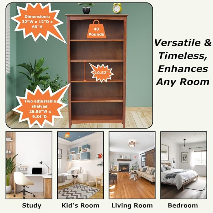 International Concepts, Solid Wood Bookcase 60" High, Adjustable Shelves, Solid, Sturdy Parawood Construction, Eco Friendly, Easy Assembly, Kitchen/Dining Furniture, Espresso