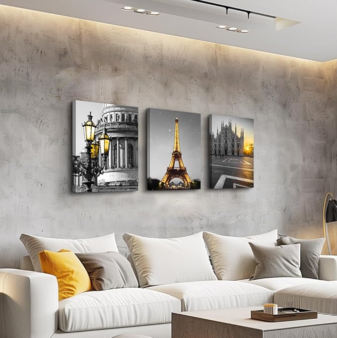 Black and white Architectural landscape Canvas Wall Art for Living Room kitchen Wall Artworks Bedroom Decoration, 3 Piece framed bathroom Home Wall decor posters Yellow Eiffel Tower wall painting