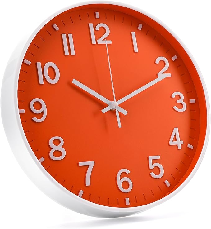 Wall Clock 12 Inch Orange Modern Simple Quartz Decorative Clock Non-Ticking Silent Battery Operated Round Wall Clocks Trendy and Practical Best Gift for Living Room Bedroom Kitchen Office