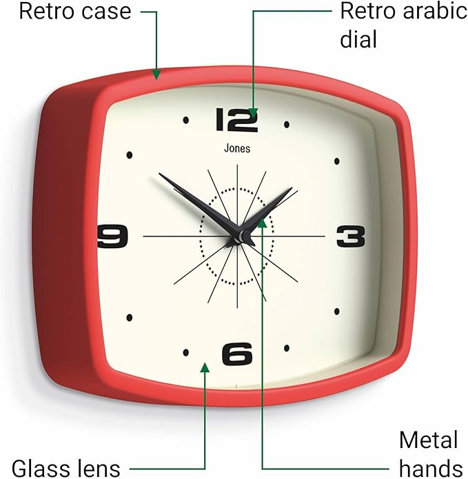 JONES CLOCKS® Movie Wall Clock | Rectangular Retro Clock | 25cm | Red | Cool mid-Century Designer Look for Kitchen, Living Room or Office