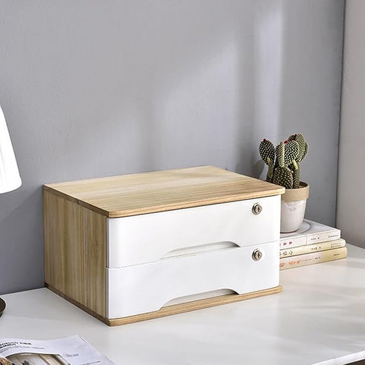 2 Drawers Wooden Desktop Storage Box,Small File Cabinet with Locks,Office Supplies A4 Filing Organizer for School,Classroom,Wood Color,White