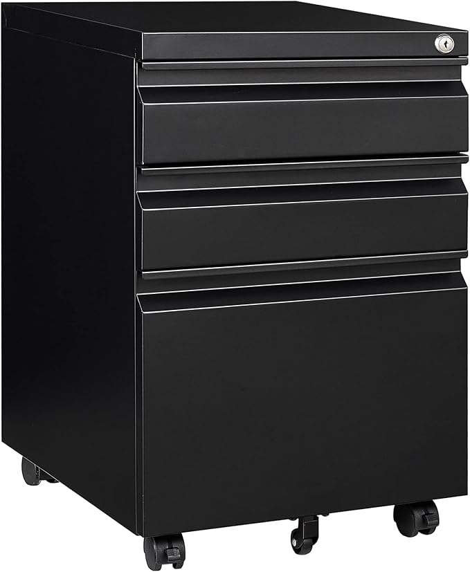 3 Drawer File Cabinet with Lock, Steel Mobile Filing Cabinet on Anti-tilt Wheels, Rolling Locking Office Cabinets Under Desk for Legal/Letter Size (Black)