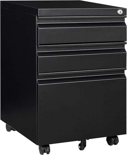 3 Drawer File Cabinet with Lock, Steel Mobile Filing Cabinet on Anti-tilt Wheels, Rolling Locking Office Cabinets Under Desk for Legal/Letter Size (Black)