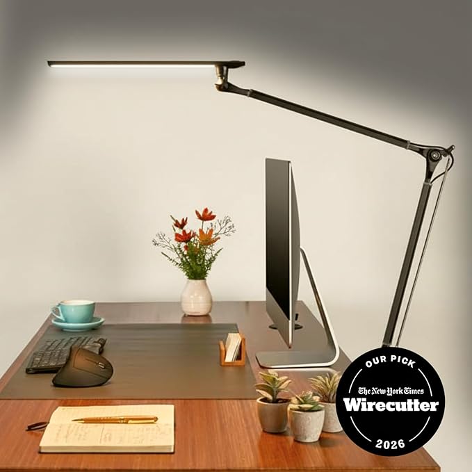 UPLIFTDESK E7 LED Desk Lamp - Adjustable 3 Color Modes, Dimmable Home Office Desk Light for Standing Desk, Dual Monitors, Aluminum Task Lamp (Black Base)