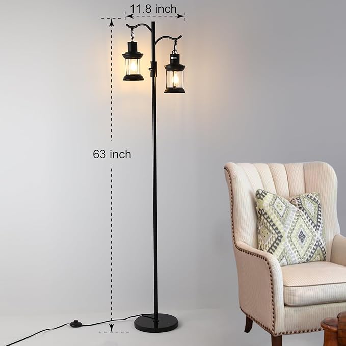 Vintage Dimmable Floor Lamp,2 Classical Lanterns Standing Lamp, Rustic Farmhouse Floor Lamp with Black Finish, for Living Room Bedroom (Black)