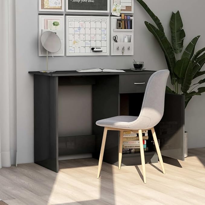 Modern Writing Computer Desk with a Drawer and a Door, Home Office Desk Writing Study Table PC Desk Workstation for Bedroom, High Gloss Gray 39.4"x19.7"x29.9" Engineered Wood(E)