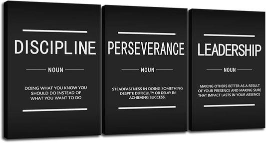 3 Panels Inspirational Canvas Wall Art Motivational Entrepreneur Quotes Discipline Perseverance Leadership Noun Poster Print Artwork Painting Picture Framed Home Office Wall Decor[60''Wx 28''H]