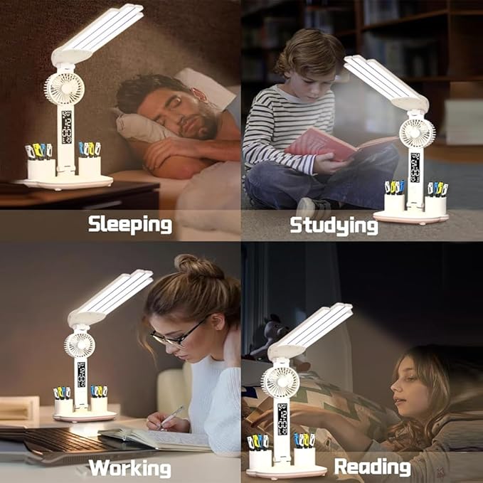 Foldable Led Desk Lamp with Fan Clock Light Study, 3 Lighting Modes, Adjustable Table Lamp Dimmable Eye Caring Reading Lamp for Home Office College Dorm Bedroom Bedside