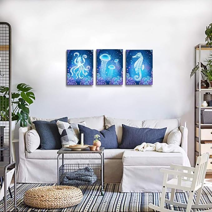 blue Ocean Life Theme Canvas Prints Wall Art Paintings for Living Room Wall Artworks Sea Animal sea horse Octopus jellyfish Pictures Bedroom Decorations 3 Panels Home bathroom Wall decor posters