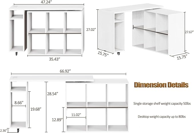White L-Shaped Computer Desk Table with Charging Station–Small Study Writing Desk with Backless Storage Shelves, 67” Bedroom Side Table & 360°Rotating Desk