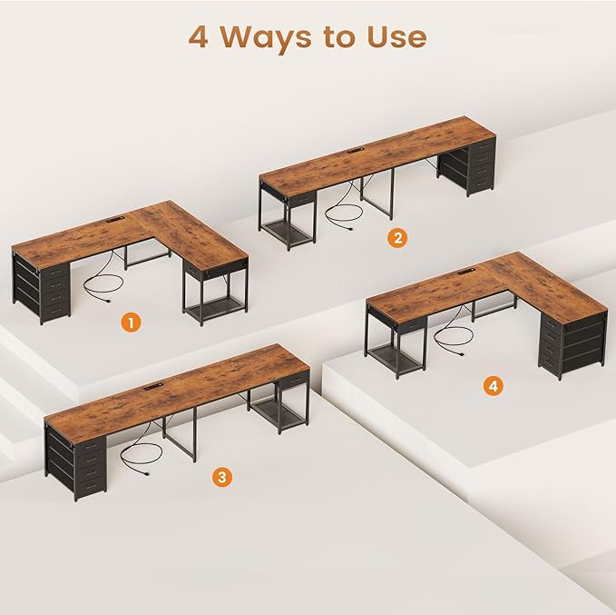 57" L Shaped Desk with 5 Drawers, Reversible Computer Corner Desk with Storage & Power Strip for Home Office, 78.7" Long 2 Person Desk, Rustic Brown