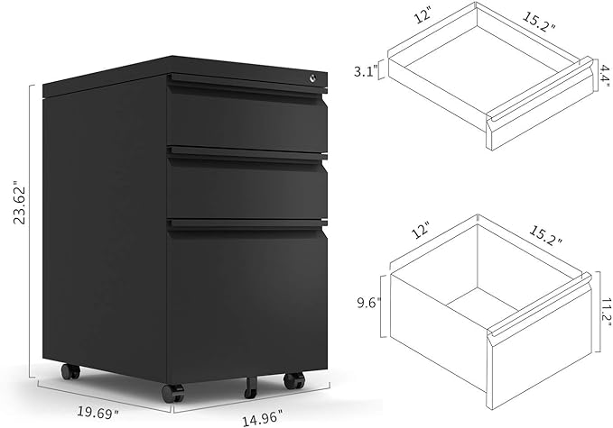 Anwick 3 Drawer Mobile File Cabinet with Lock, Under Desk Metal Filing Cabinet for Legal/Letter/A4 File, Fully Assembled Except Wheels (Black)