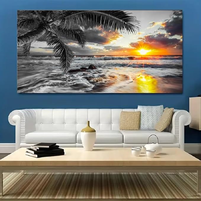 Yxbhhym-Large Canvas Black White Gold Ocean Wall Art Sunset Beach Pictures Coastal Painting Sunrise Seascape Scenery Print Palm Poster Sea Artwork for Bedroom Wall Art Living Room Office Décor