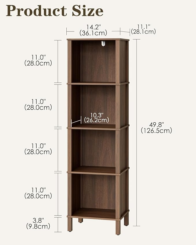 Bookshelf, Modern 4-Tier Bookcase, Open Storage Book Shelf, 11 × 14.2 × 50.4 Inches, Small Narrow Bookshelves for Living Room, Home Office, Bedroom, Walnut