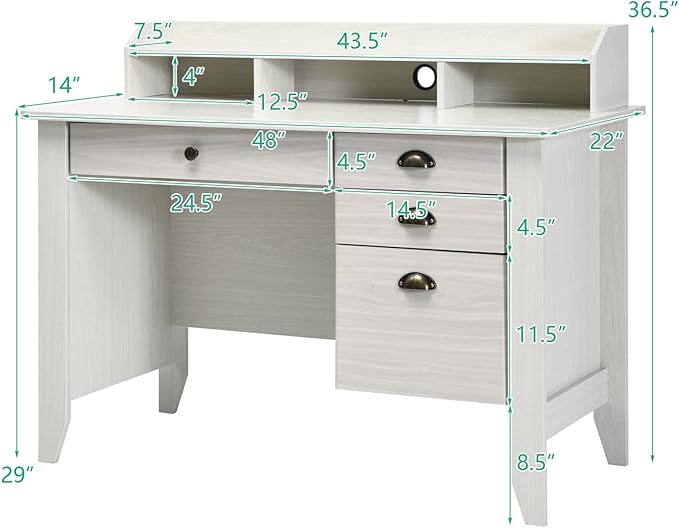Tangkula White Desk with 4 Storage Drawers & Hutch, Home Office Computer Vintage Desk, Writing Study Table with Storage Shelves, Wooden Executive Desk (White)