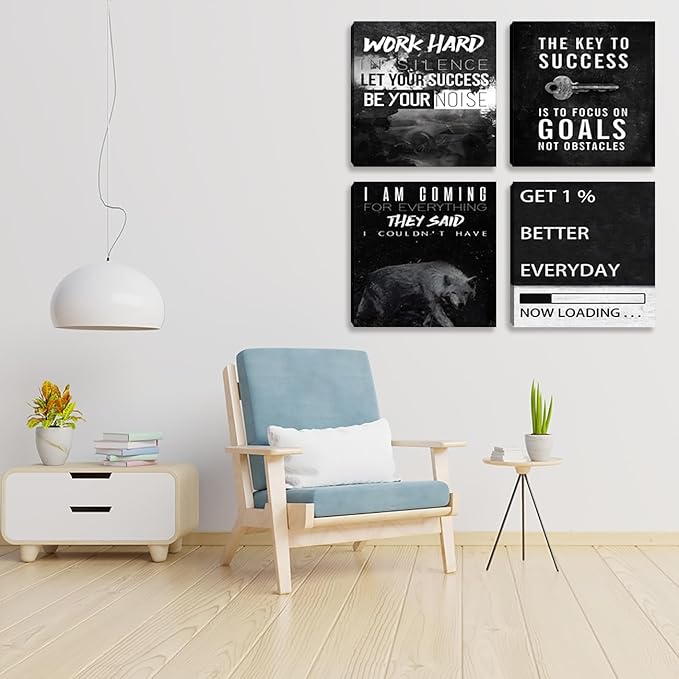 Halioyo Motivational Wall Art Decor, 4 Panel Inspirational Canvas Prints, Positive Quotes Workspace Painting Posters for Living Room Bedroom Home Office Success Wall Art, 16x16-inch