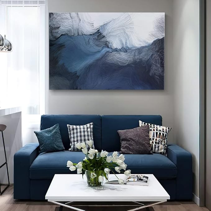 Canvas Wall Art Abstract Art Paintings Navy Blue Block and Line Graffiti is Like Running Water on White Background Modern Artwork Decor for Living Room Bedroom Kitchen 48x32in