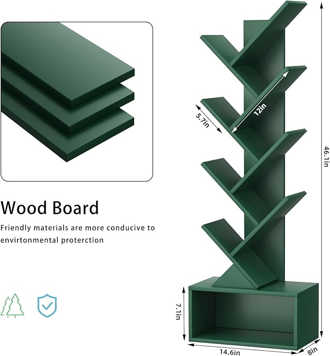 9 Tier Tree Bookshelf,Christmas Green Bookcase for Narrow Space, Storage Organizer Floor Standing Bookshelves for Books, Tall Book Case for Home Office, Living Room, Bedroom