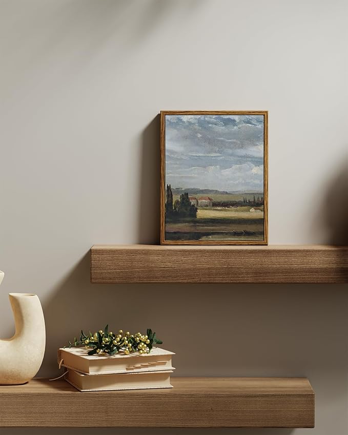 InSimSea Framed Canvas Print Art, Vintage Countryside Landscape Painting, Rustic Farmhouse Cottage Decor for Hallway Wall Floating Shelf Desk Vanity Fireplace,10x8in, Neutral Tones